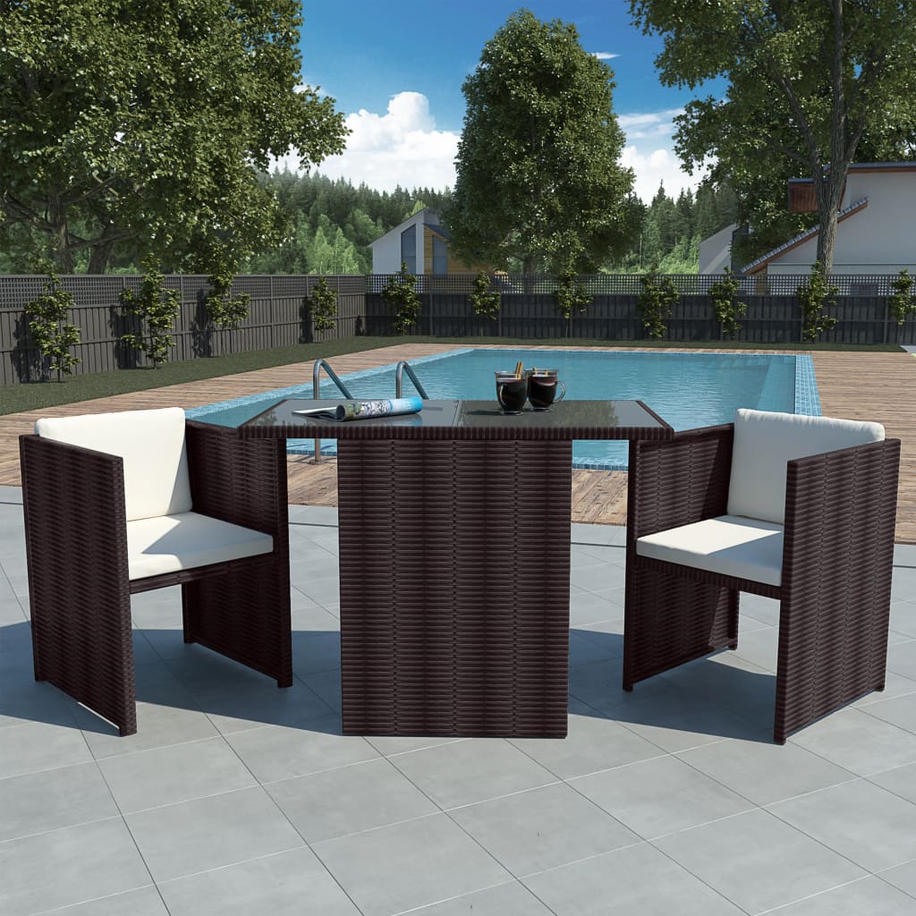 3-delige Bistroset met kussens poly rattan bruin