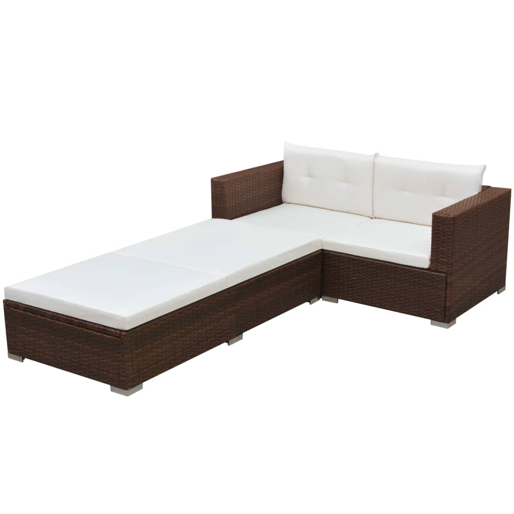 3-delige Loungeset met kussens poly rattan bruin