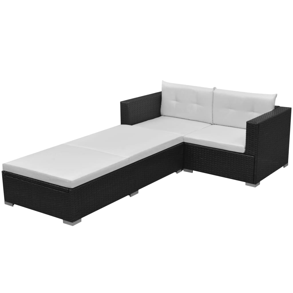 3-delige Loungeset met kussens poly rattan zwart