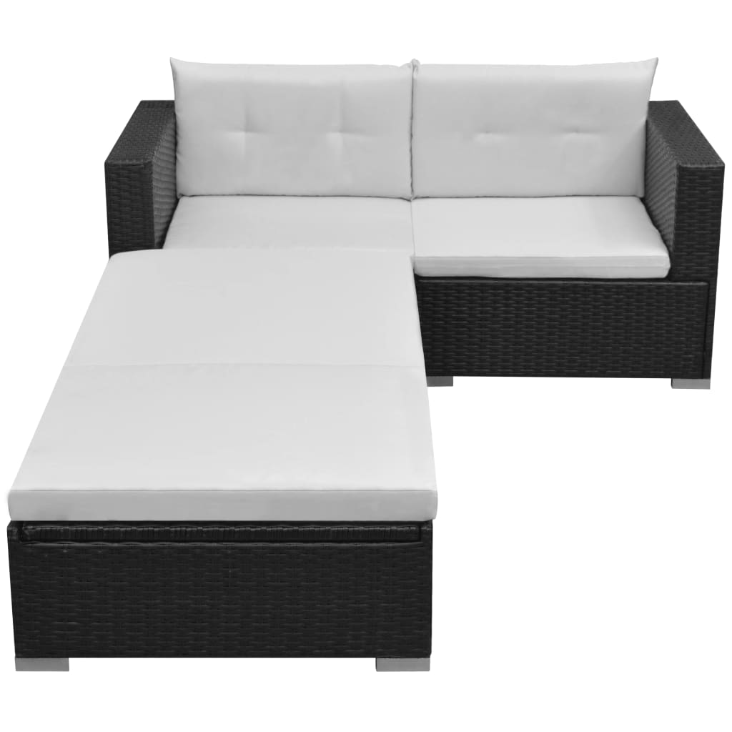 3-delige Loungeset met kussens poly rattan zwart