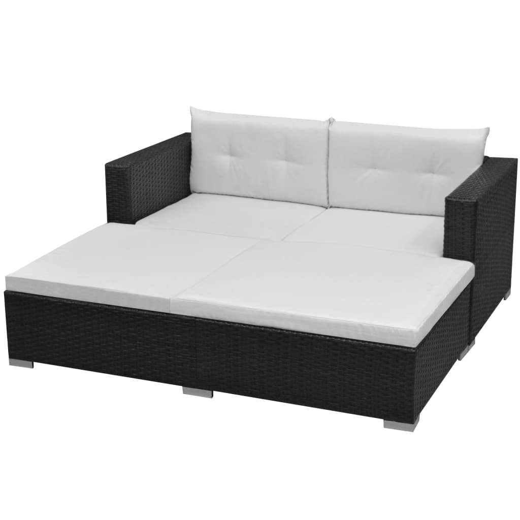 3-delige Loungeset met kussens poly rattan zwart