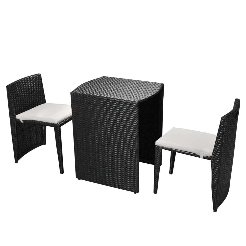 3-delige Bistroset met kussens poly rattan zwart