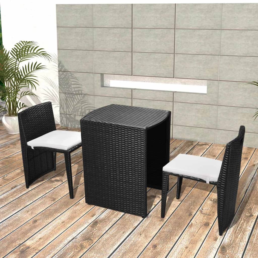 3-delige Bistroset met kussens poly rattan zwart