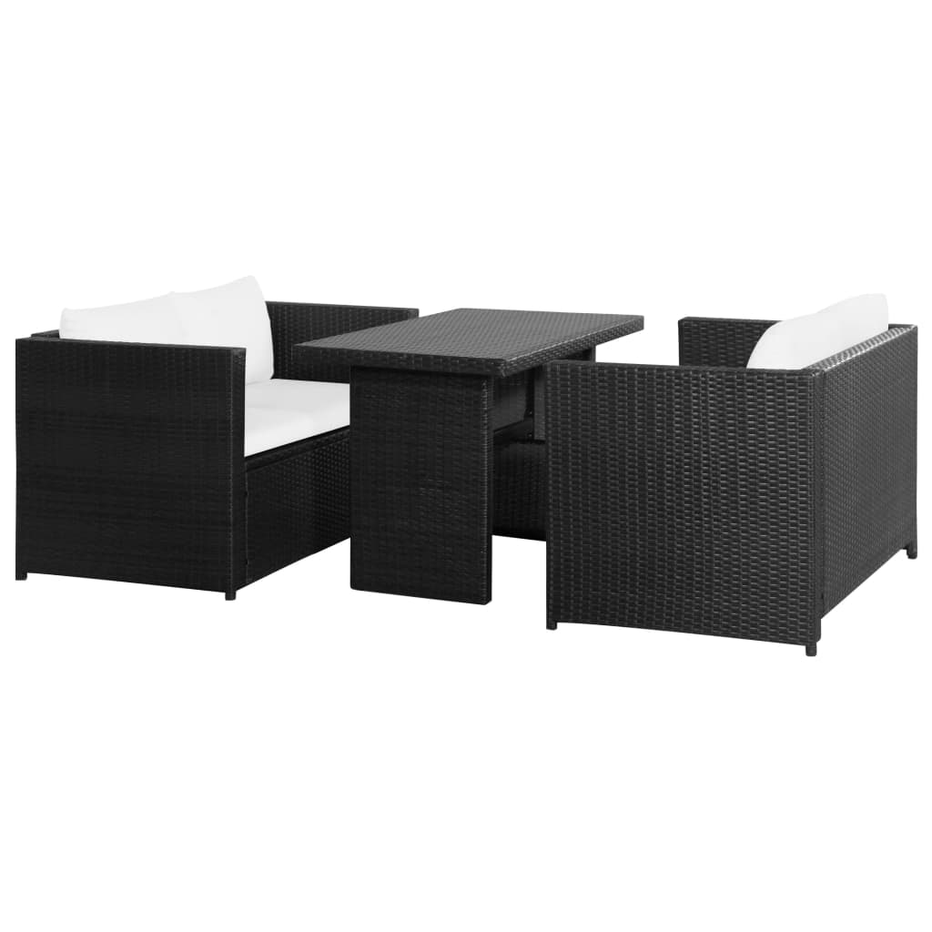 3-delige Loungeset met kussens poly rattan zwart