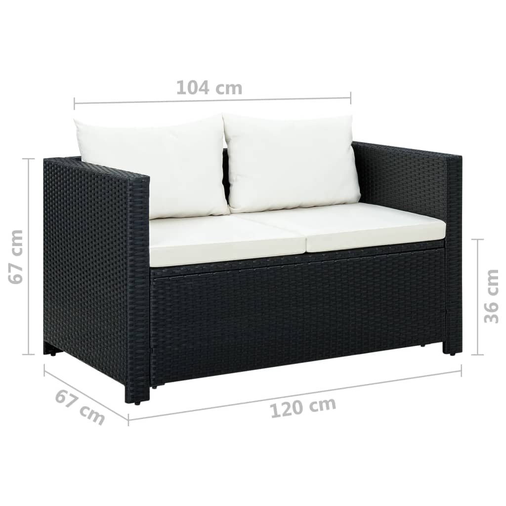 3-delige Loungeset met kussens poly rattan zwart