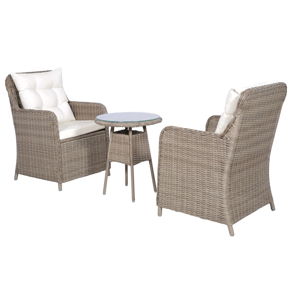 3-delige Bistroset met kussens poly rattan bruin