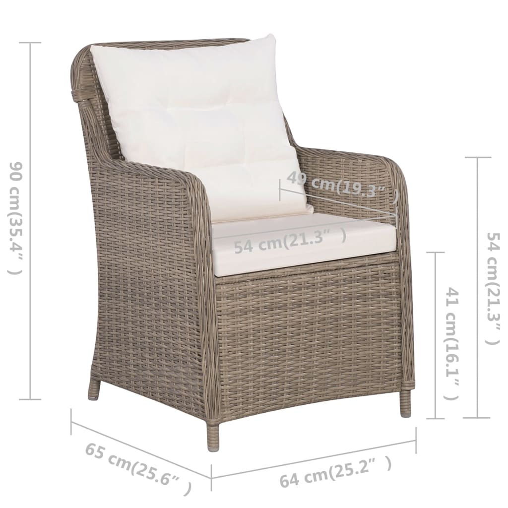 3-delige Bistroset met kussens poly rattan bruin