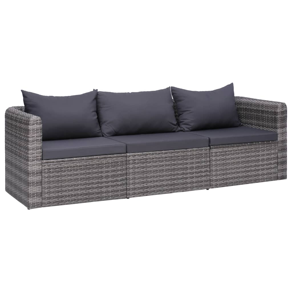 3-delige Loungeset met kussens poly rattan grijs