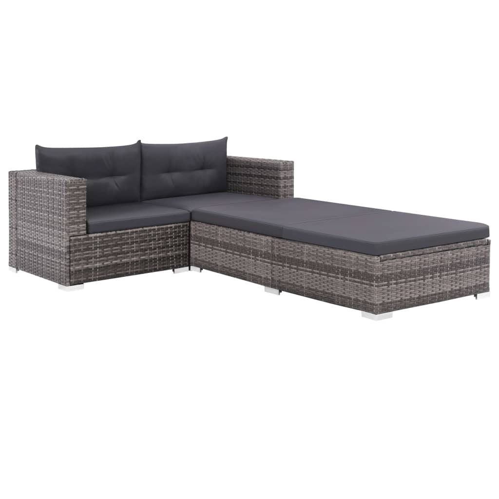 3-delige Loungeset met kussens poly rattan grijs