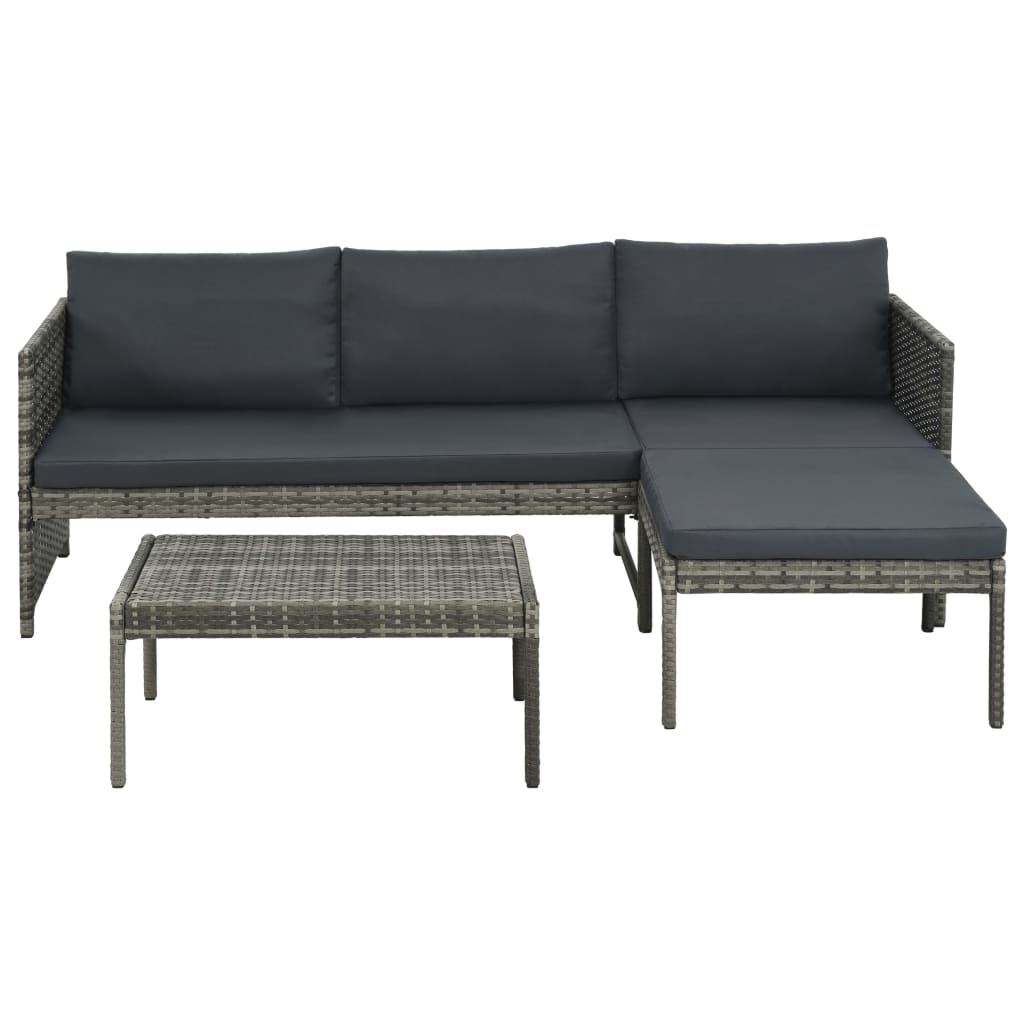 3-delige Loungeset met kussens poly rattan grijs