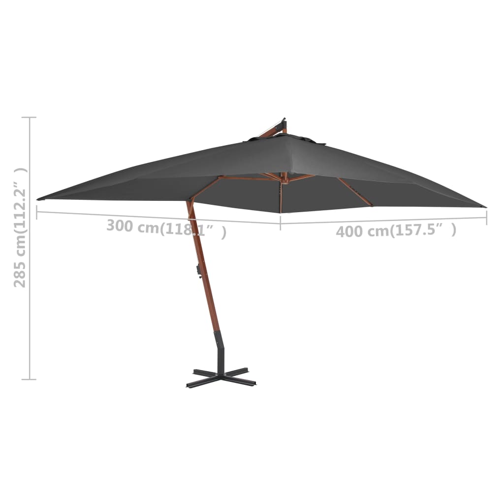 Zweefparasol met houten paal 400x300 cm antracietkleurig