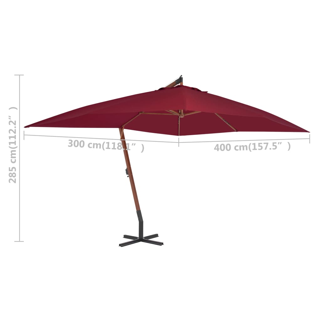 Zweefparasol met houten paal 400x300 cm bordeauxrood