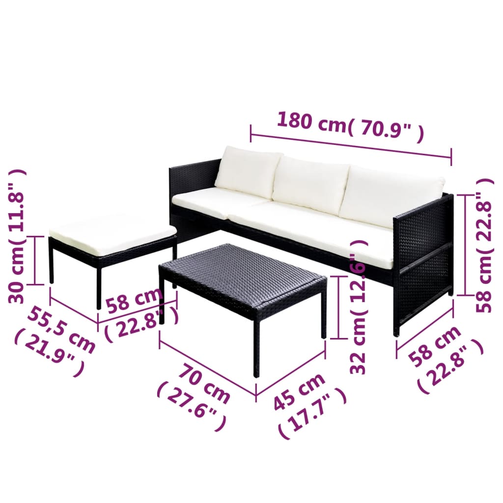 3-delige Loungeset met kussens poly rattan zwart