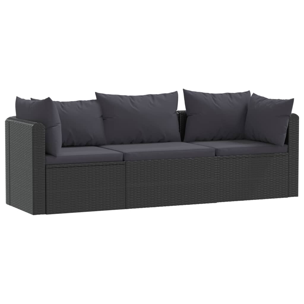 3-delige Loungeset met kussens poly rattan zwart