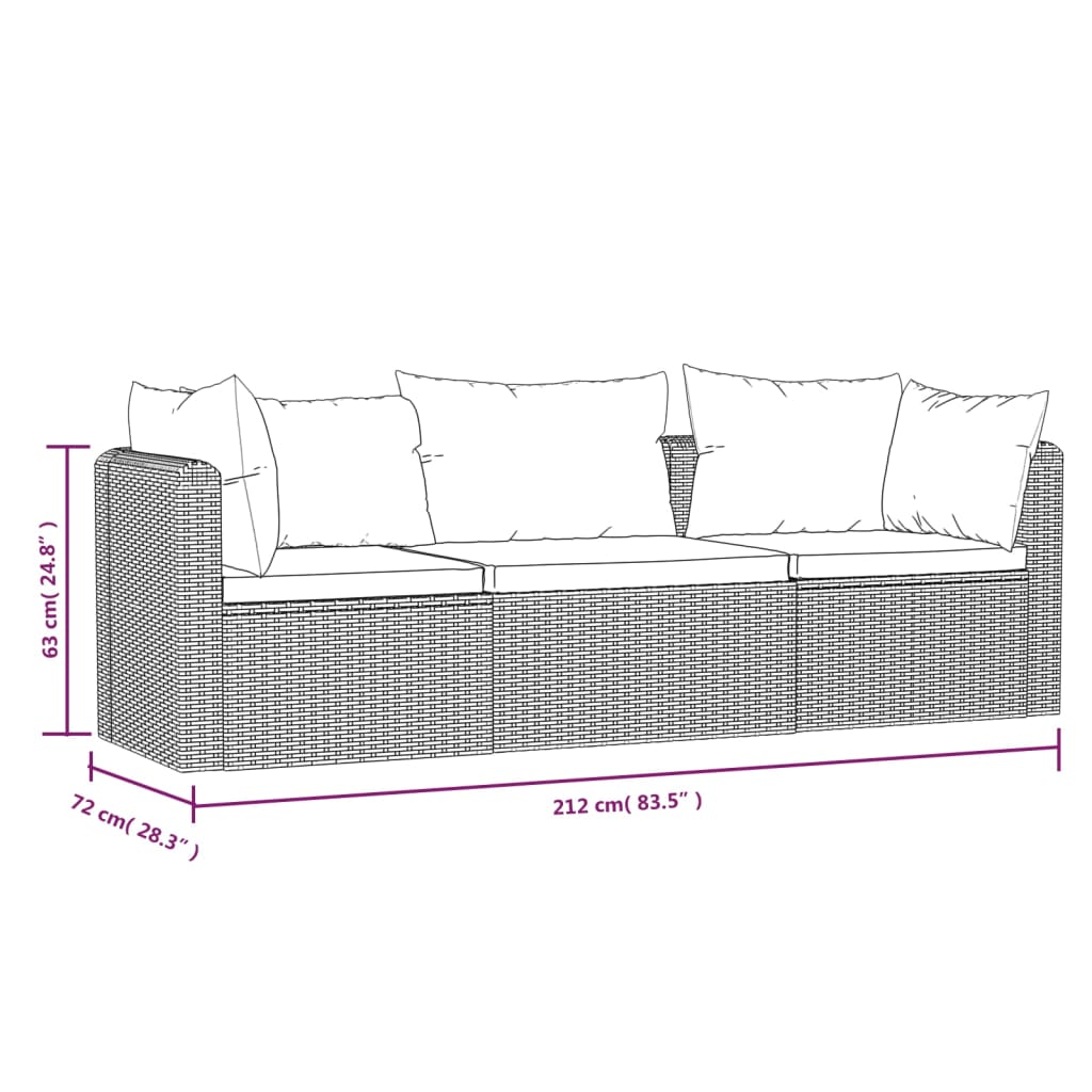 3-delige Loungeset met kussens poly rattan zwart