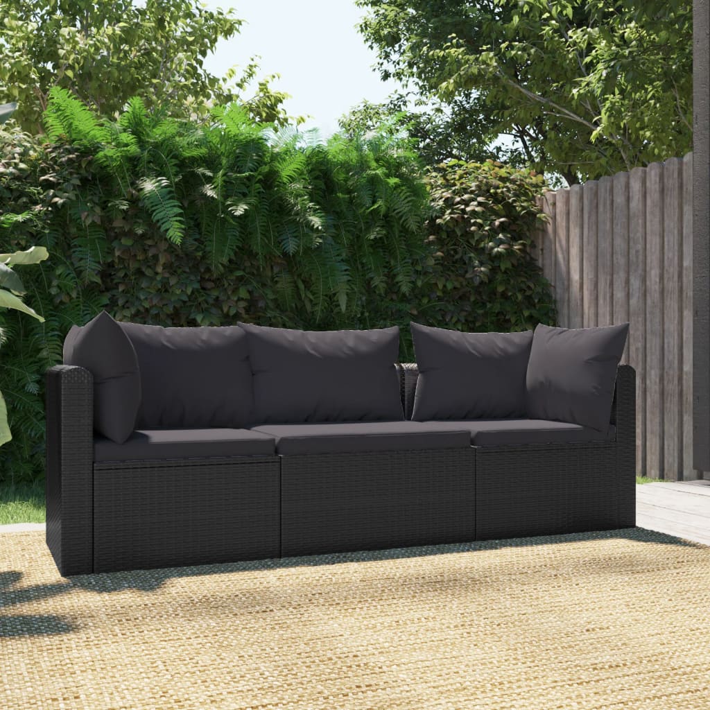 3-delige Loungeset met kussens poly rattan zwart