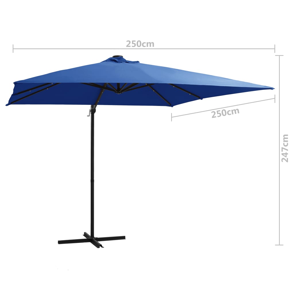 Zweefparasol met LED-verlichting en paal 250x250 cm azuurblauw