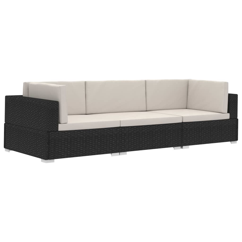 3-delige Loungeset met kussens poly rattan zwart