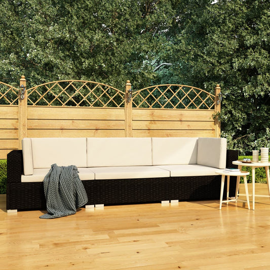 3-delige Loungeset met kussens poly rattan zwart