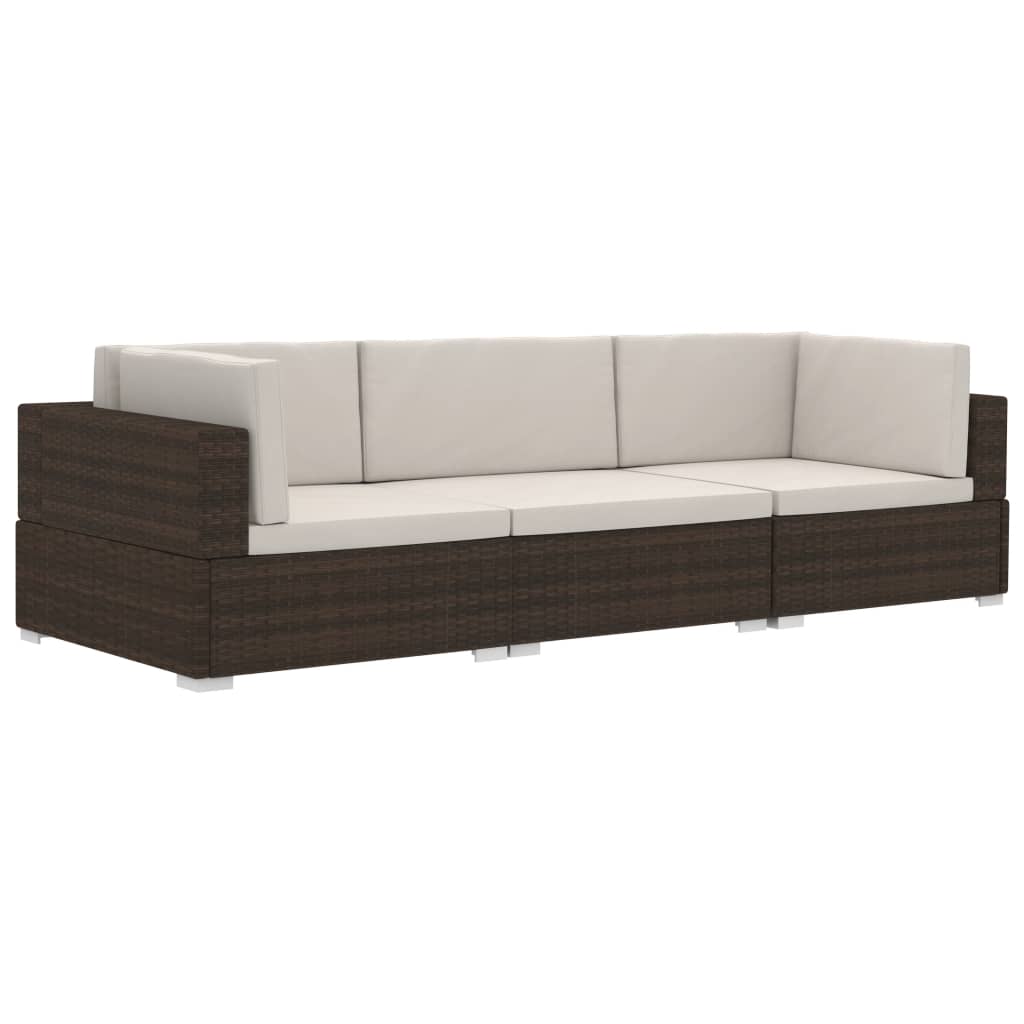 3-delige Loungeset met kussens poly rattan bruin