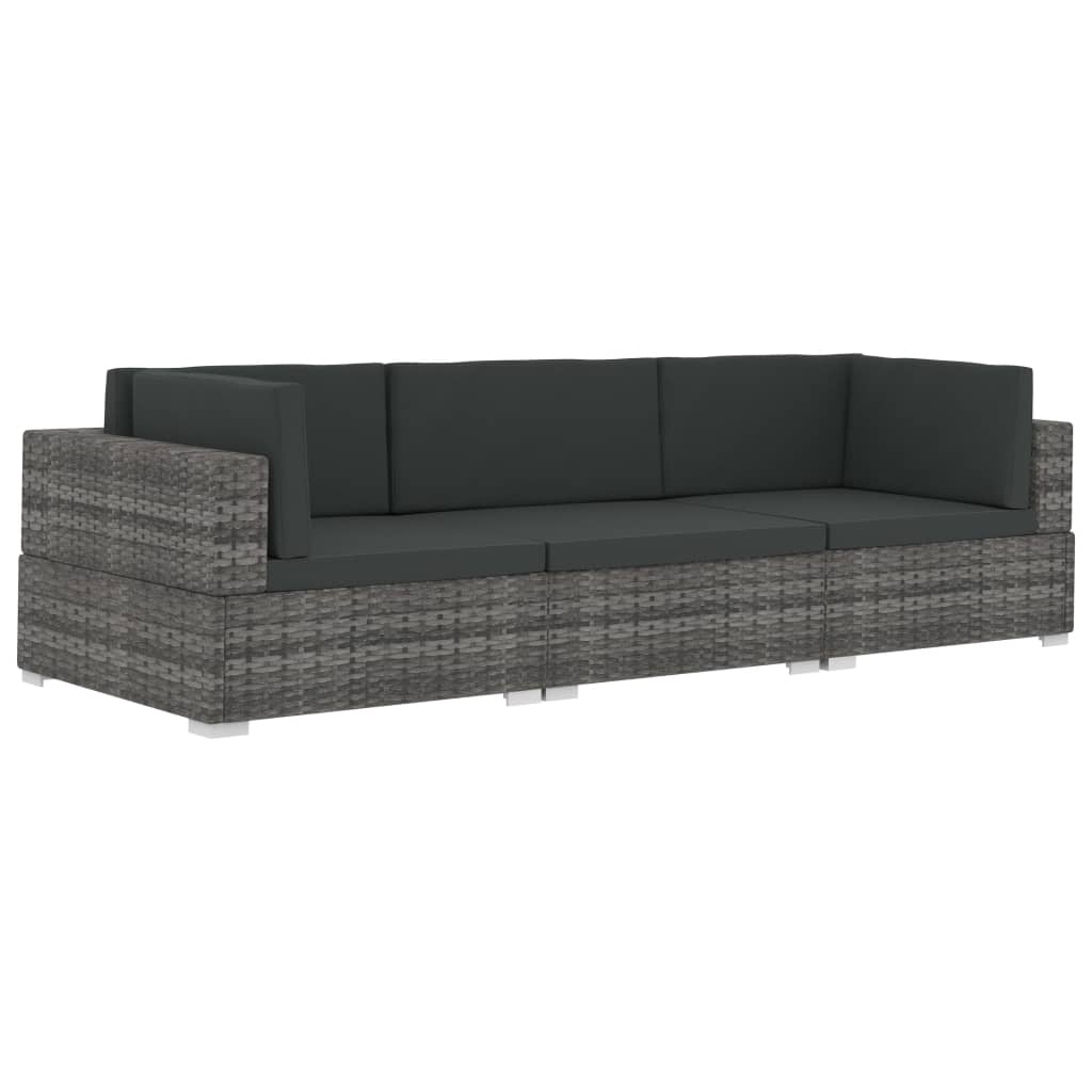 3-delige Loungeset met kussens poly rattan grijs