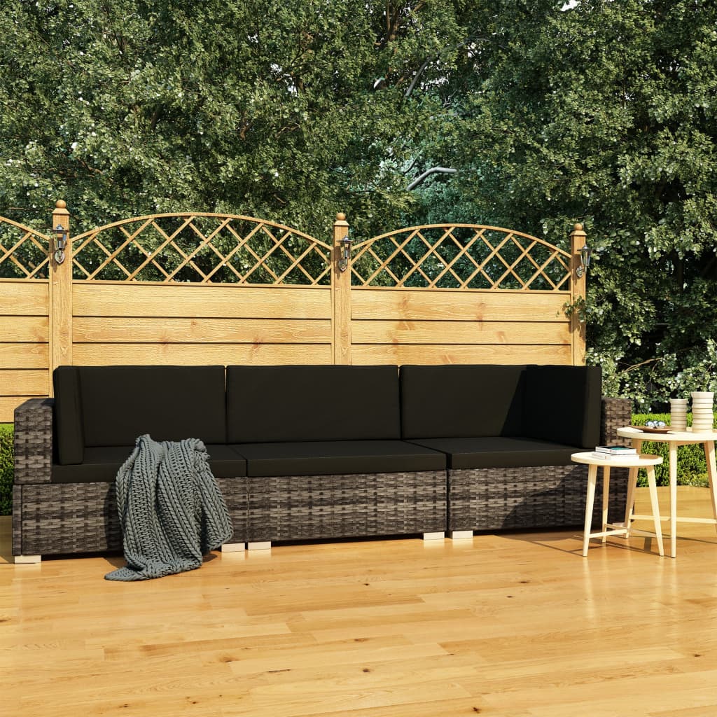 3-delige Loungeset met kussens poly rattan grijs