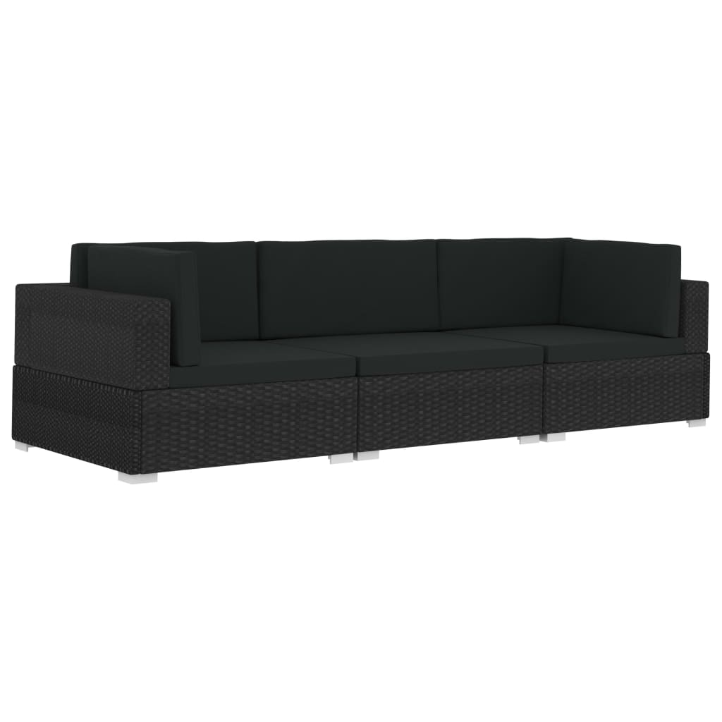 3-delige Loungeset met kussens poly rattan zwart