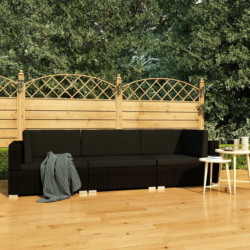 3-delige Loungeset met kussens poly rattan zwart