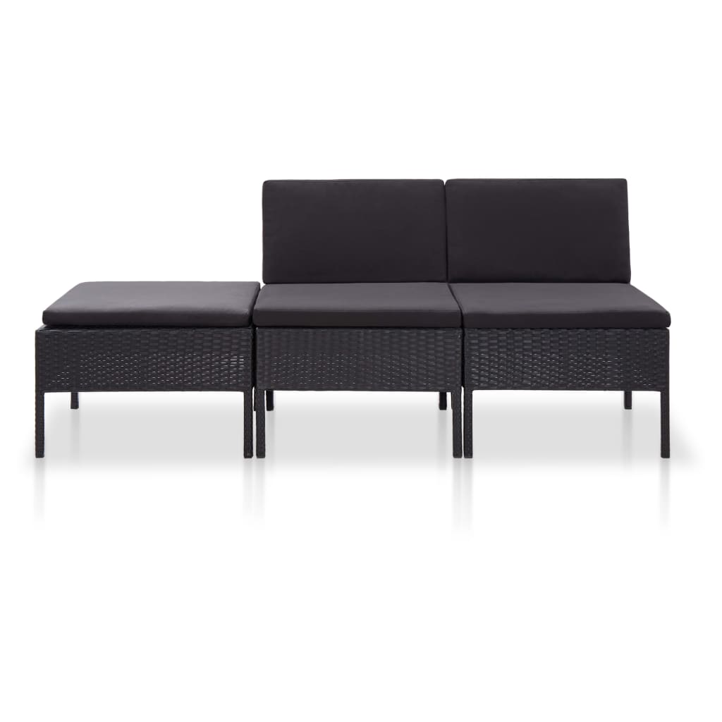 3-delige Loungeset met kussens poly rattan zwart