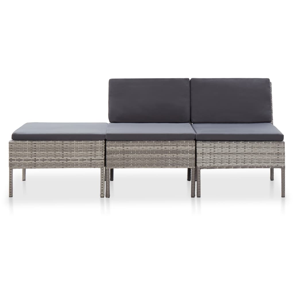 3-delige Loungeset met kussens poly rattan grijs