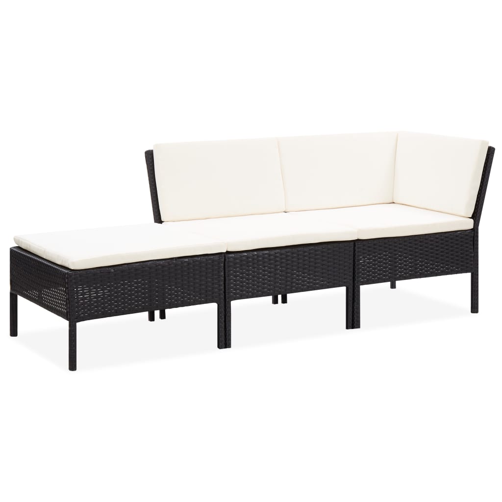 3-delige Loungeset met kussens poly rattan zwart