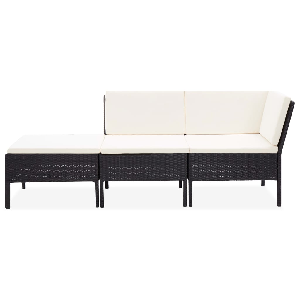 3-delige Loungeset met kussens poly rattan zwart