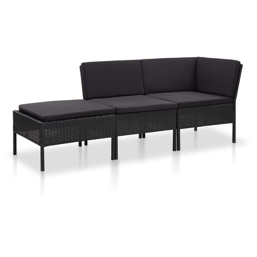 3-delige Loungeset met kussens poly rattan zwart