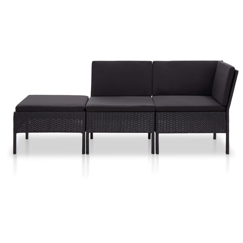 3-delige Loungeset met kussens poly rattan zwart