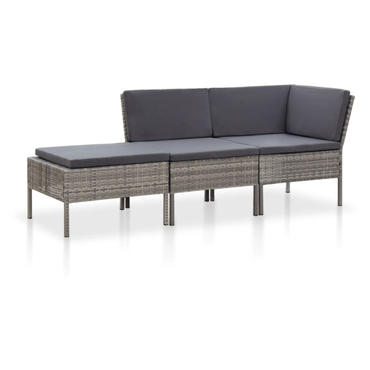 3-delige Loungeset met kussens poly rattan grijs