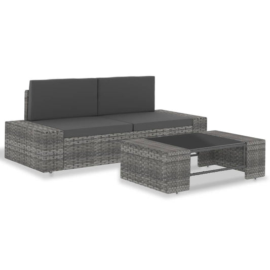 3-delige Loungeset poly rattan grijs