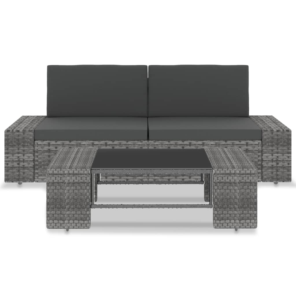 3-delige Loungeset poly rattan grijs