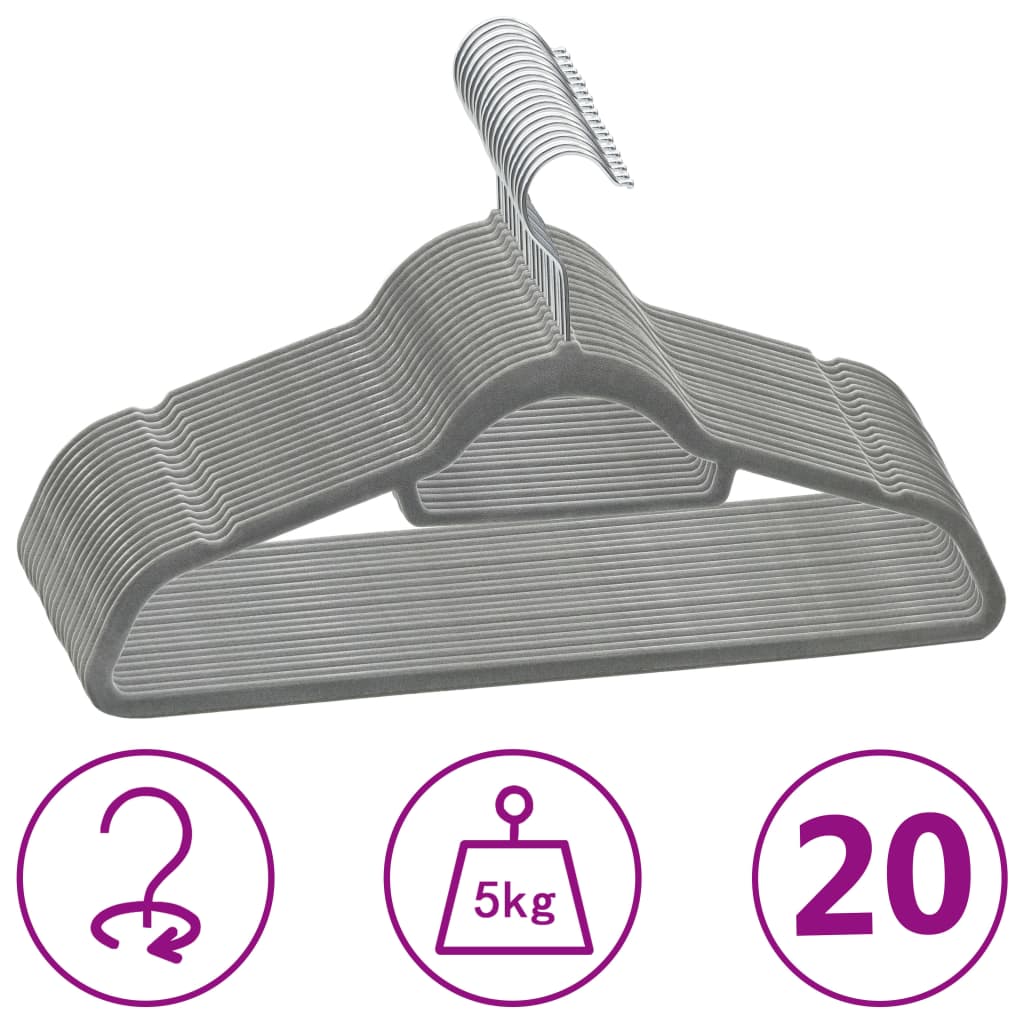 20-delige Kledinghangerset anti-slip fluweel grijs