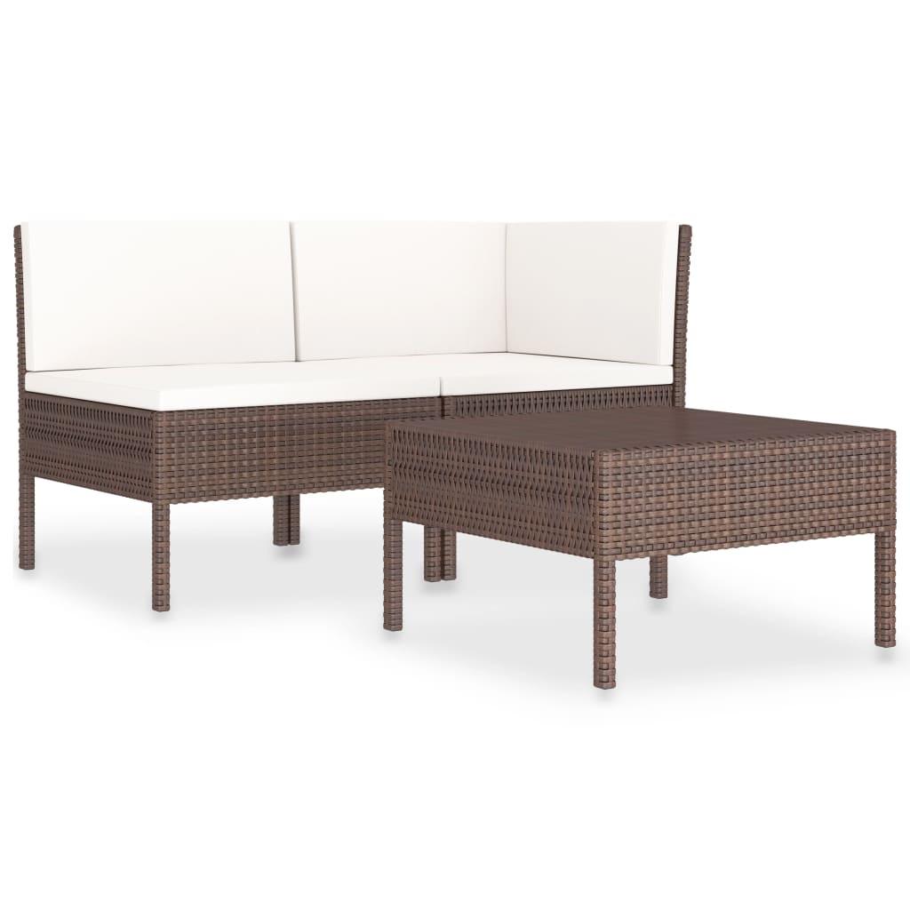 3-delige Loungeset met kussens poly rattan bruin