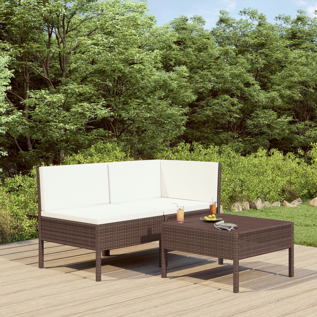 3-delige Loungeset met kussens poly rattan bruin