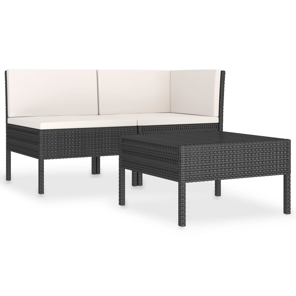 3-delige Loungeset met kussens poly rattan zwart