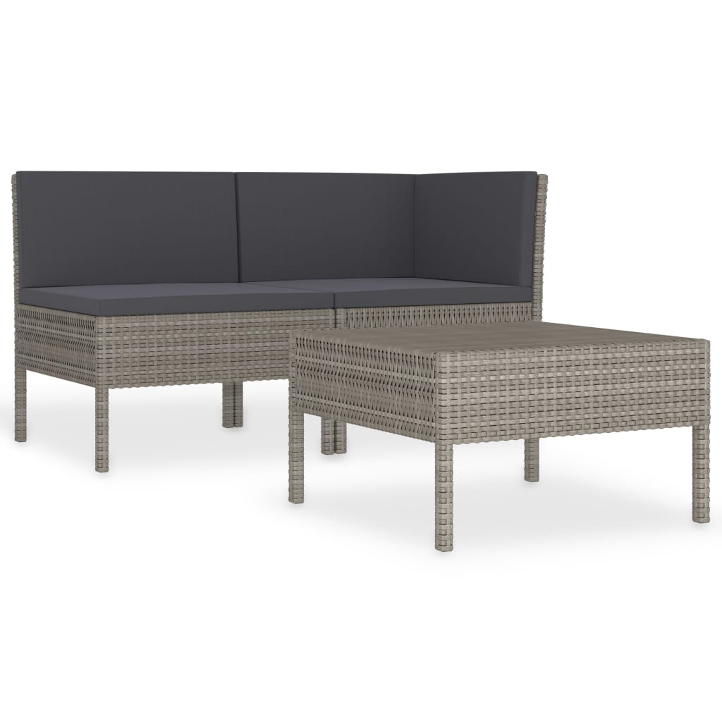 3-delige Loungeset met kussens poly rattan grijs