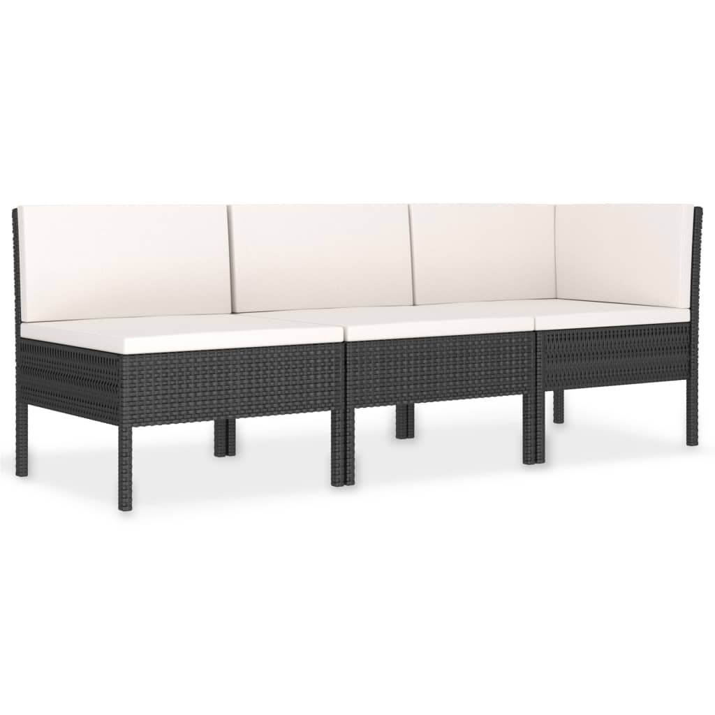 3-delige Loungeset met kussens poly rattan zwart