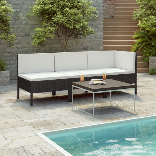 3-delige Loungeset met kussens poly rattan zwart