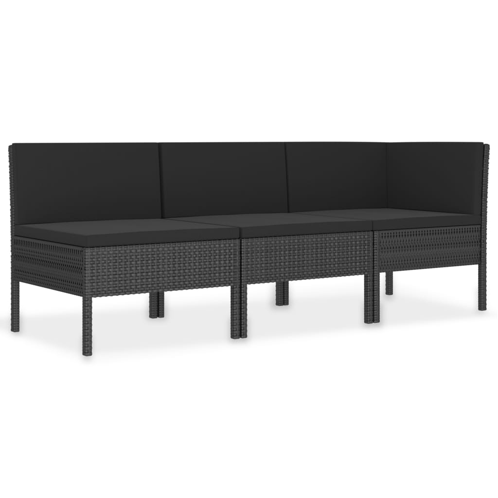 3-delige Loungeset met kussens poly rattan zwart