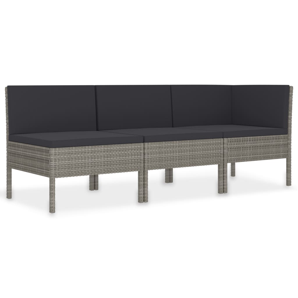 3-delige Loungeset met kussens poly rattan grijs