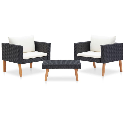 3-delige Loungeset met kussens poly rattan zwart