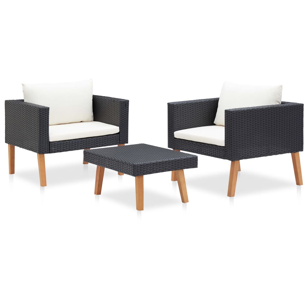 3-delige Loungeset met kussens poly rattan zwart