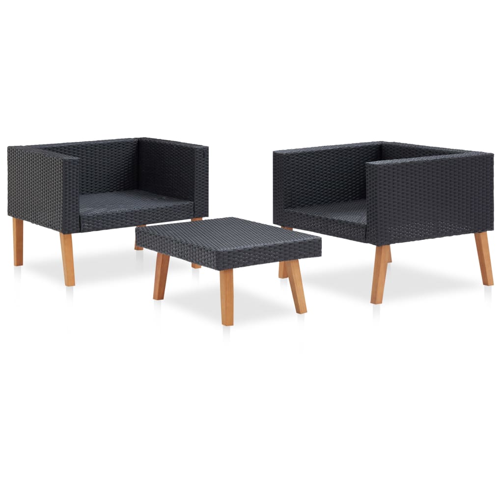 3-delige Loungeset met kussens poly rattan zwart