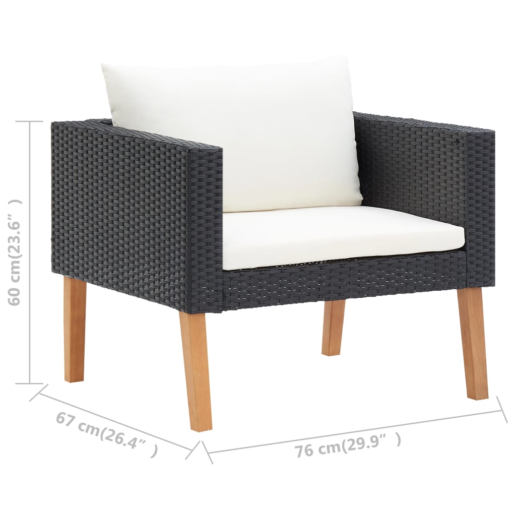 3-delige Loungeset met kussens poly rattan zwart